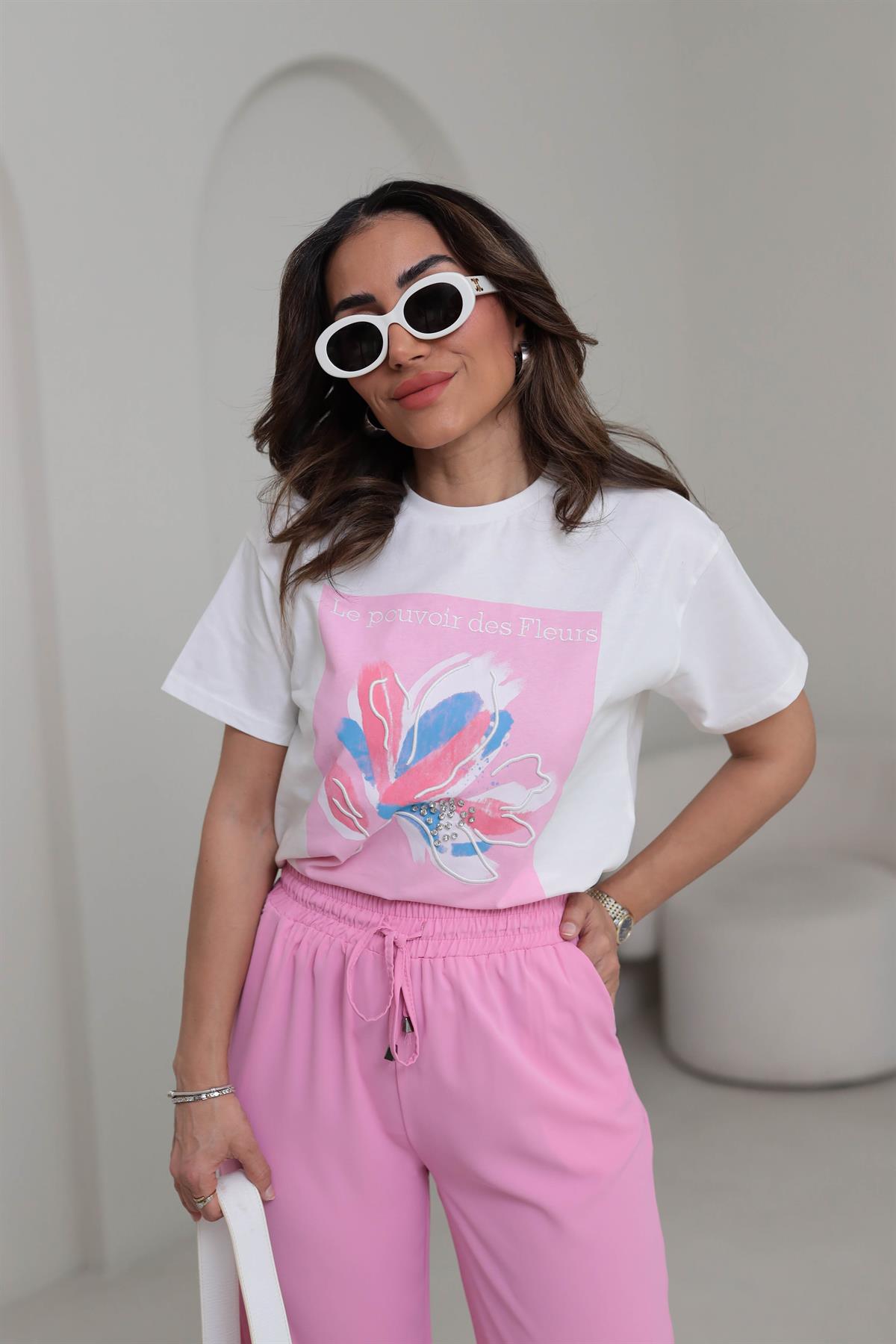 0223 Çiçek ve Taş Detaylı Tshirt PEMBE
