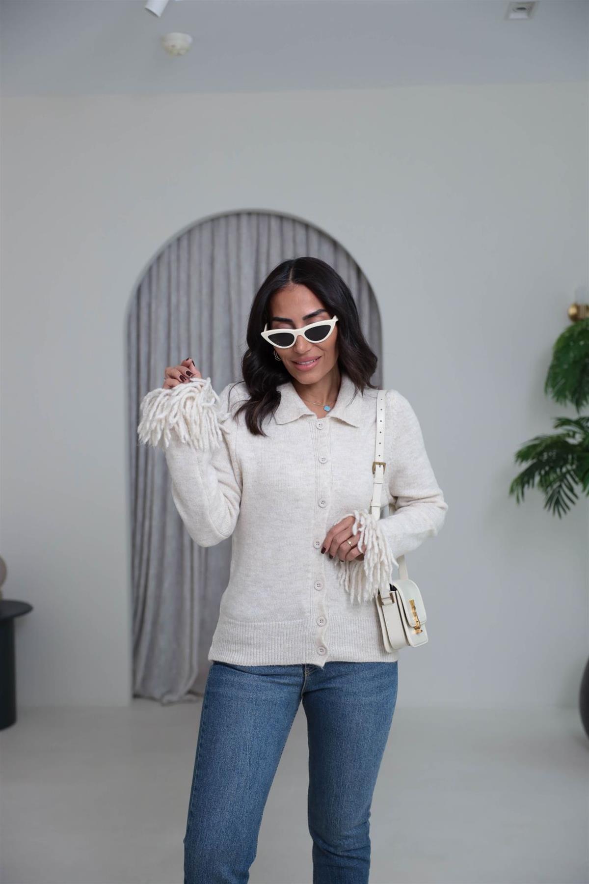 0162 Kolu Püsküllü Polo Yaka Hırka TAŞ