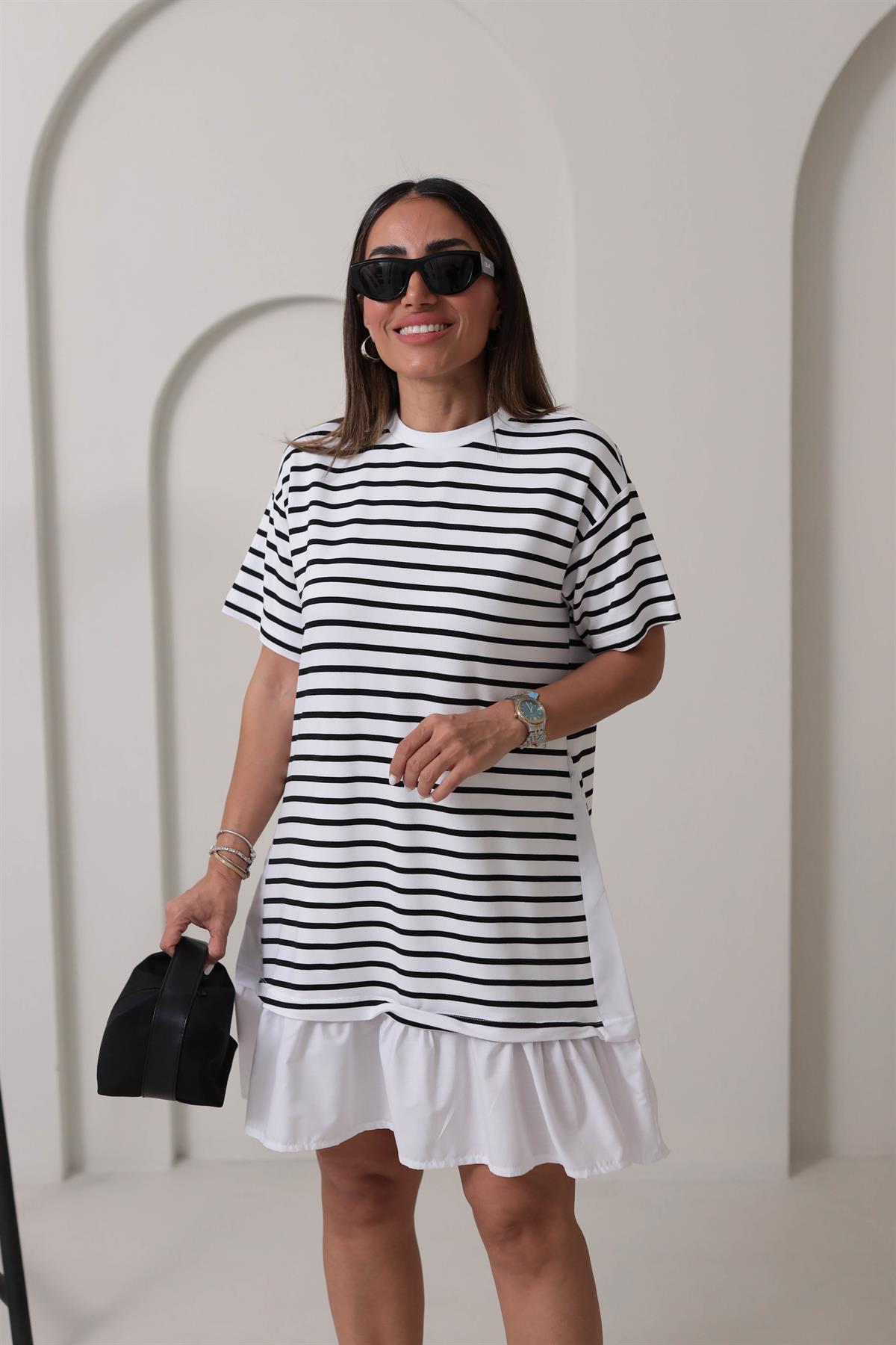 6476 Çizgili Altı Fırfırlı Elbise BEYAZ