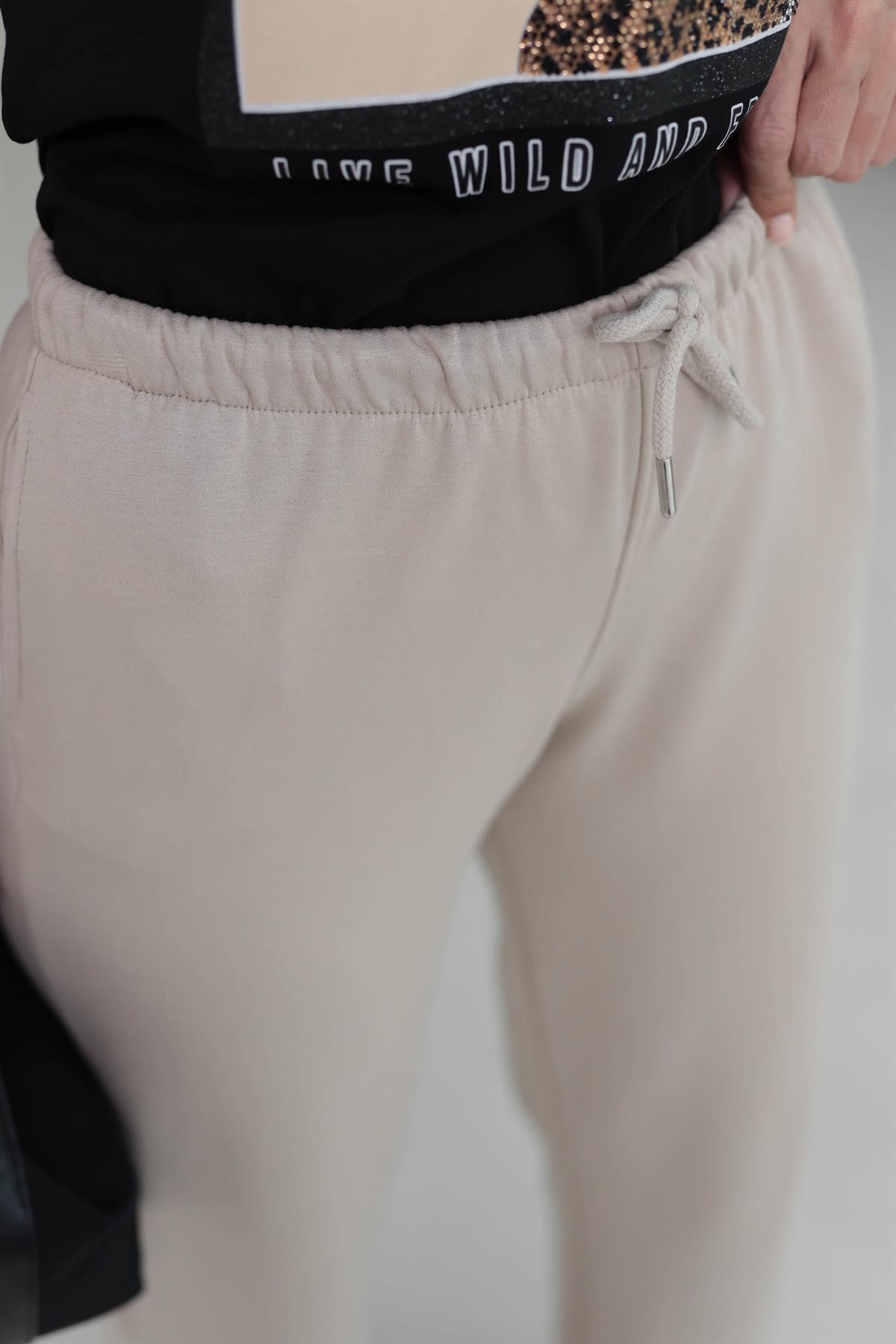 Beli Lastikli Yumuşak Doku Şardonlu Eşofman Altı BEJ