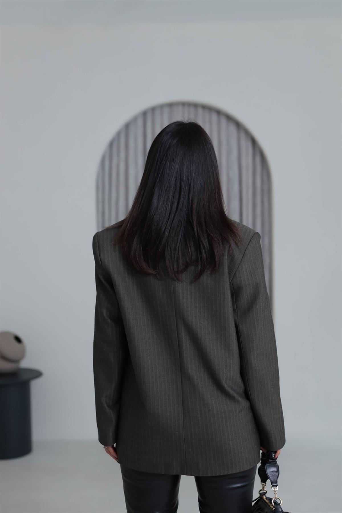 7255 Çift Düğmeli Balıksırtı Desenli Blazer Ceket KAHVE