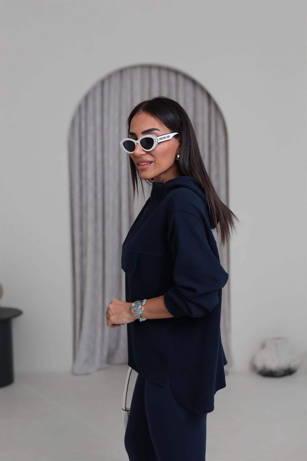 1750 Yaka Detay Selanik Kapşonlu Sweatshirt LACİVERT