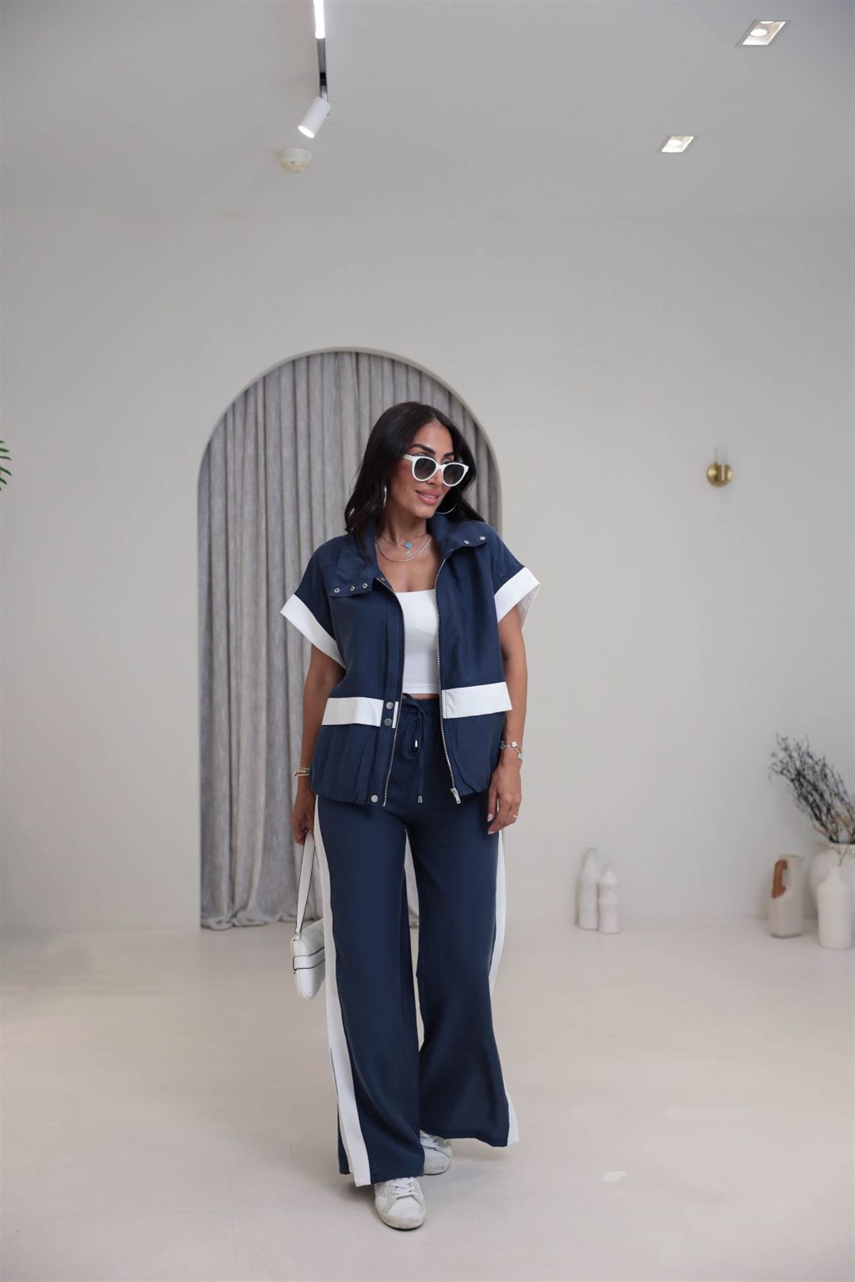 7519 Garni Detaylı Tencel Kumaş Takım LACİVERT