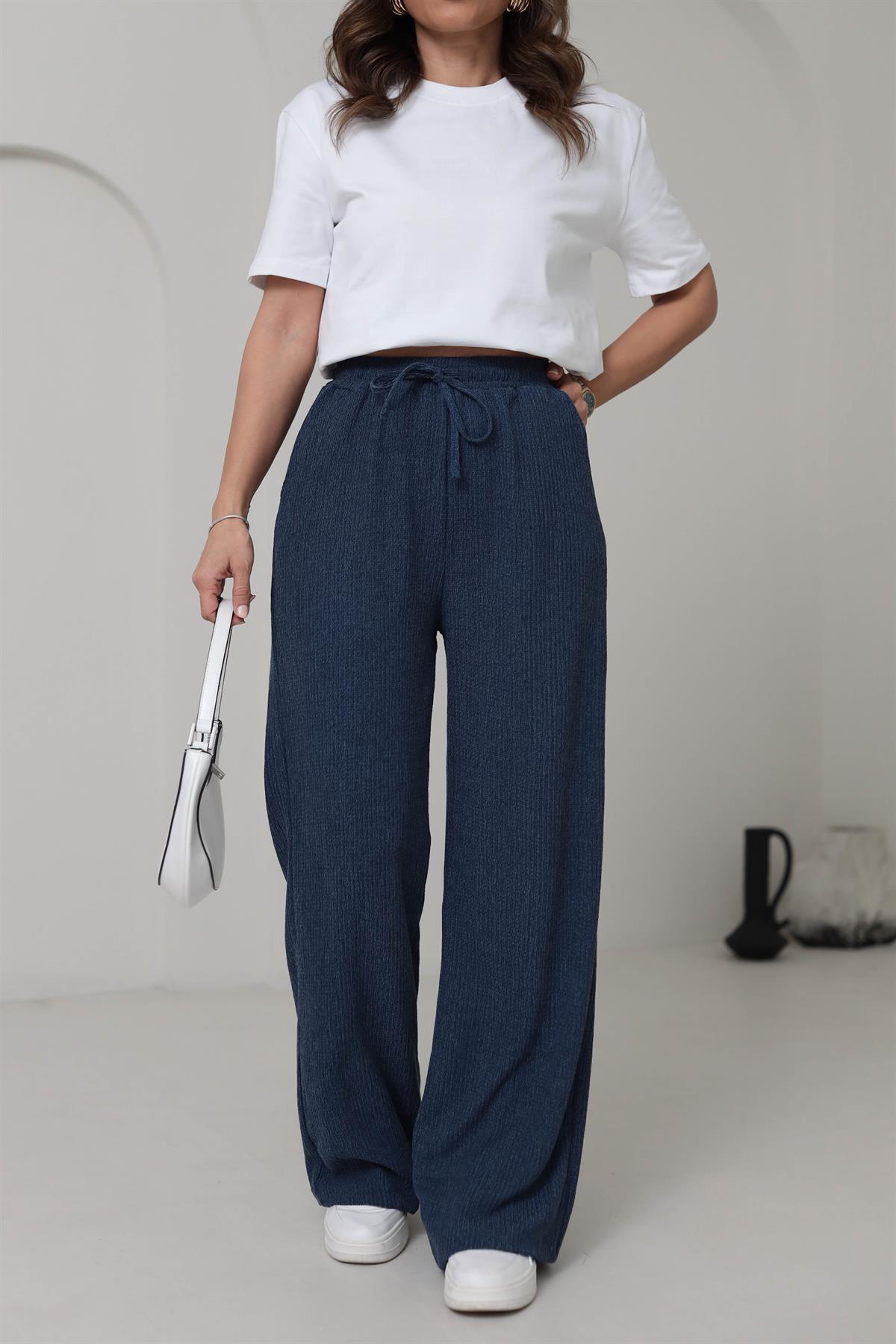 6525 Beli Lastikli Bürümcük Kumaş Rahat Pantolon LACİVERT