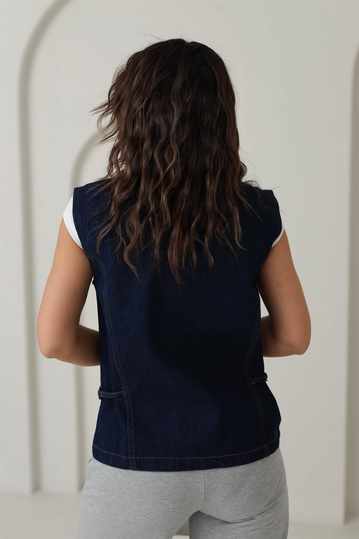 5787 Yanı Kemerli Fermuarlı Kot Yelek LACİVERT