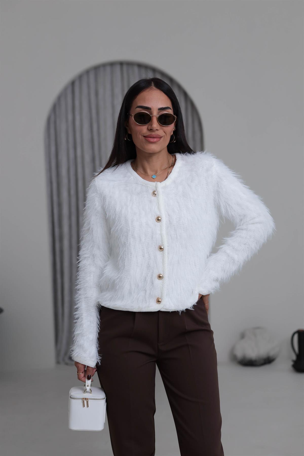 4938 Gold Düğme Detaylı Sakalı Hırka EKRU