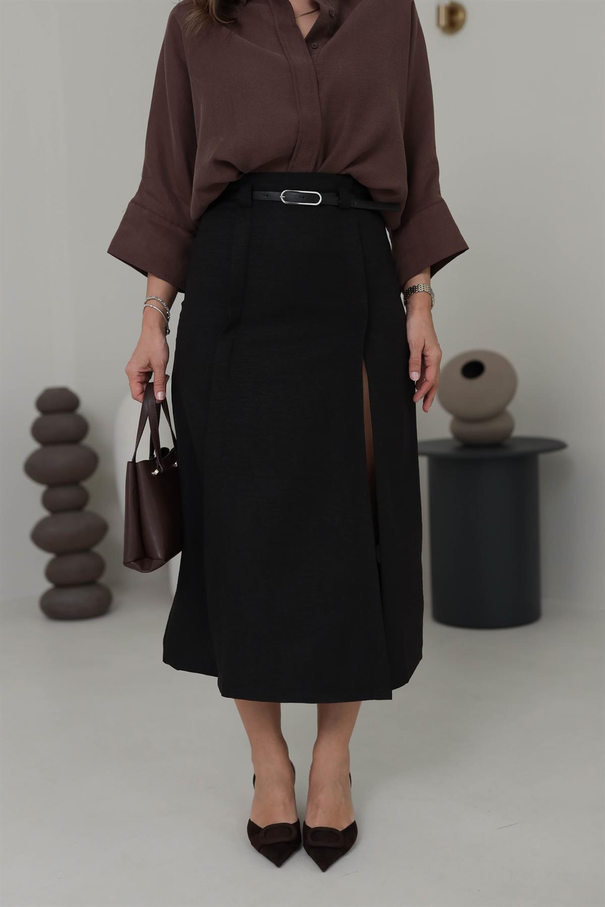 0268 Yırtmaç Detaylı Kemerli Midi Boy Etek SİYAH