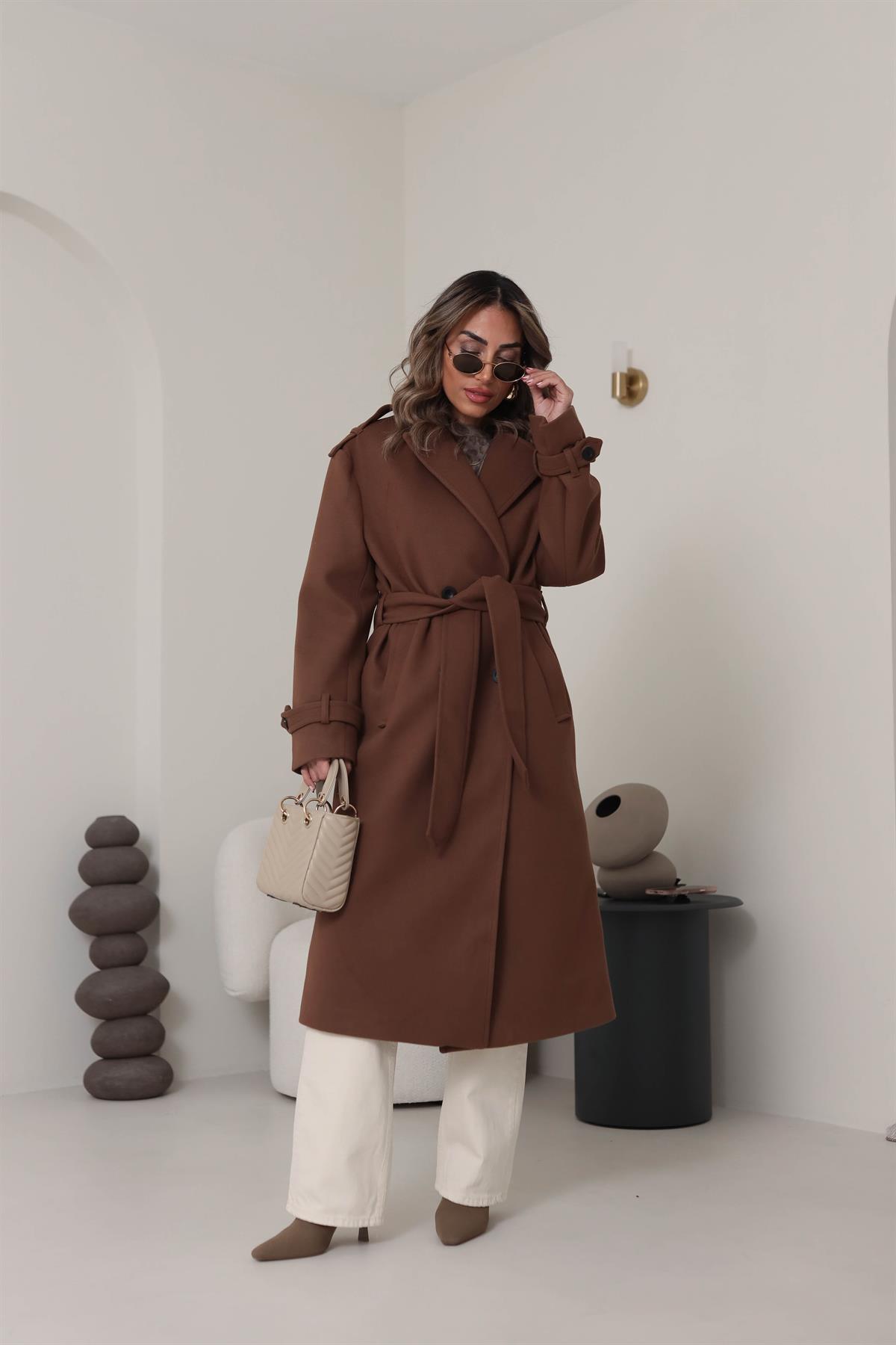 9377 Düğmeli Apoletli Kaşe Kaban KAHVE