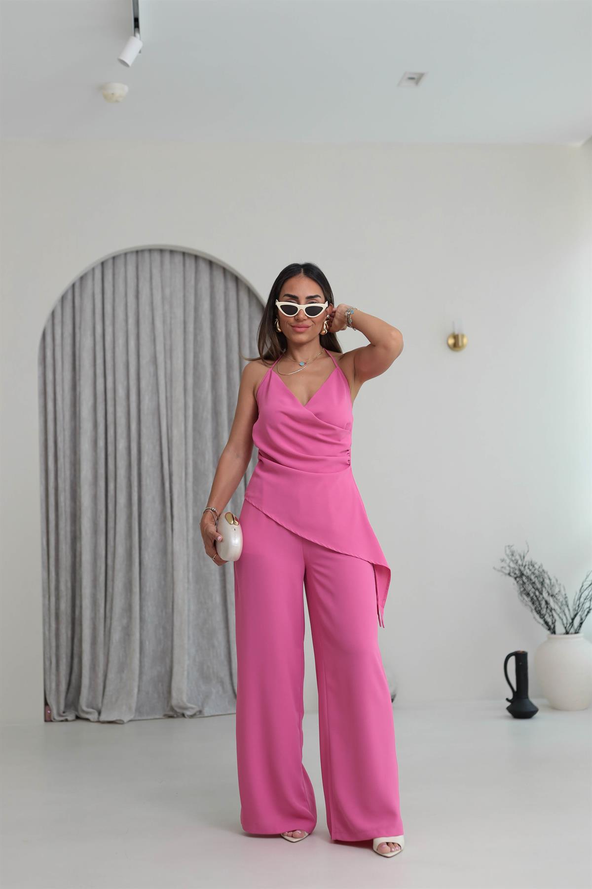 0509 Drapeli Asimetrik Kesim Takım FUŞYA