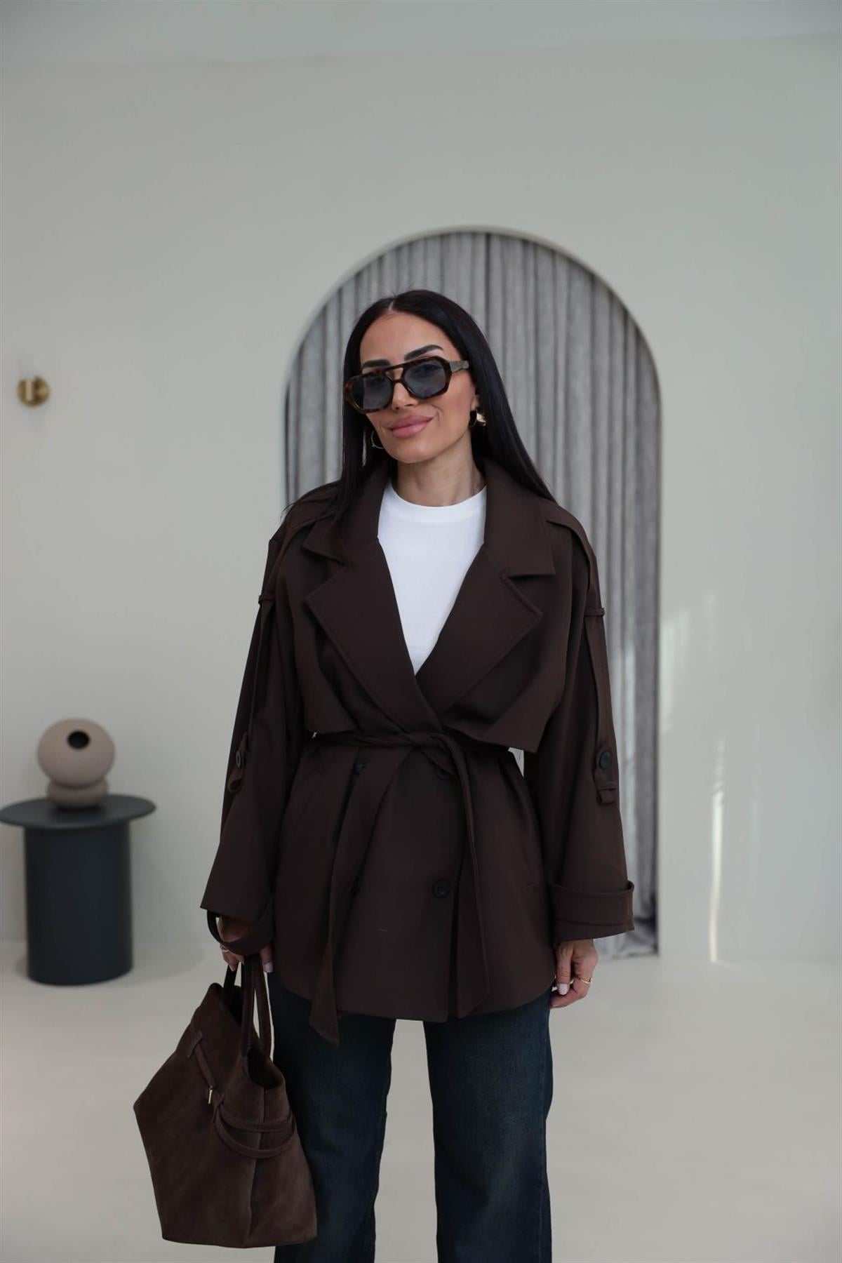 Apoletli Tasarım Astarlı Premium Kısa Trençkot KAHVE