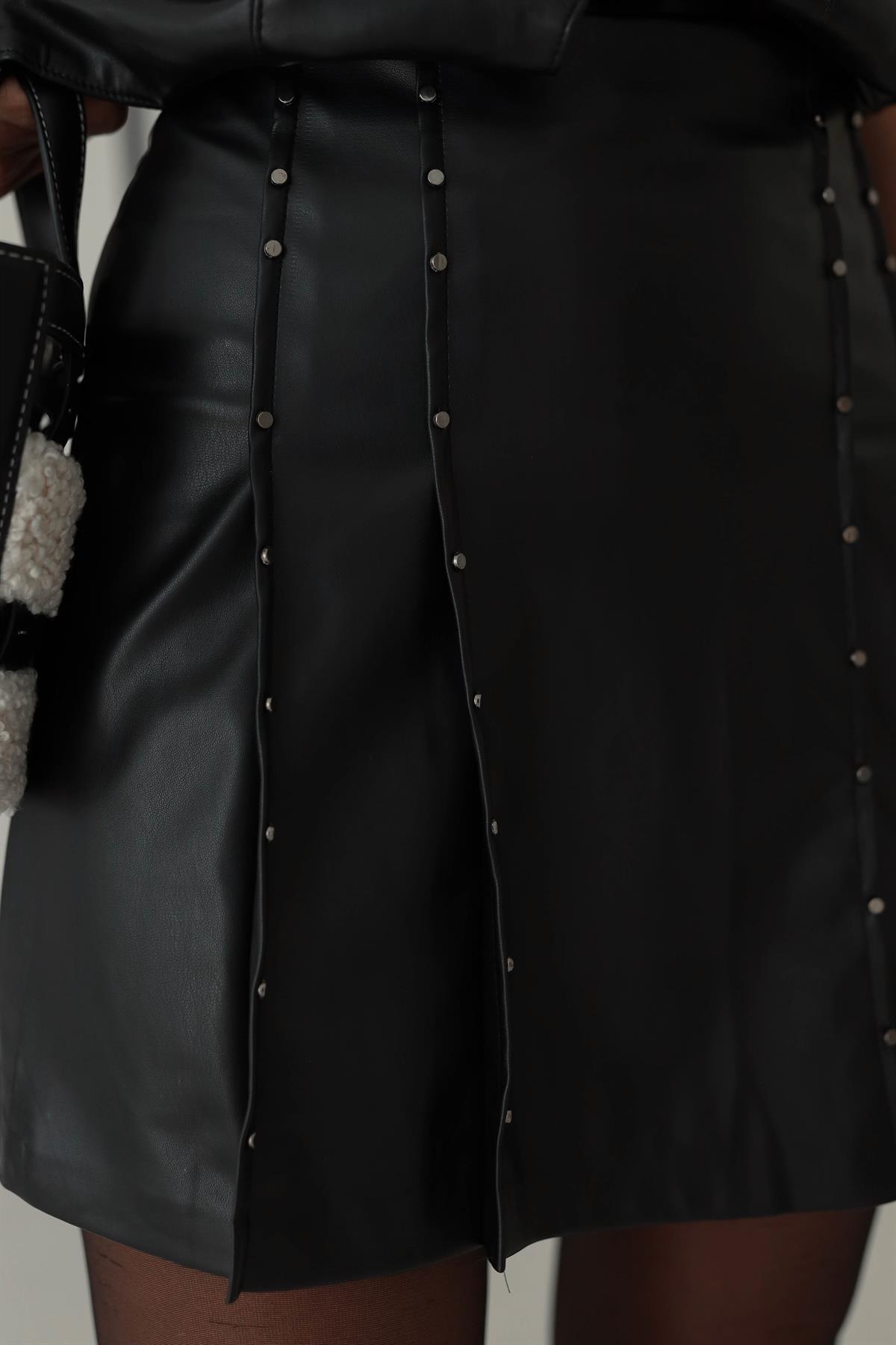 5340 Droplu Pliseli Deri Etek