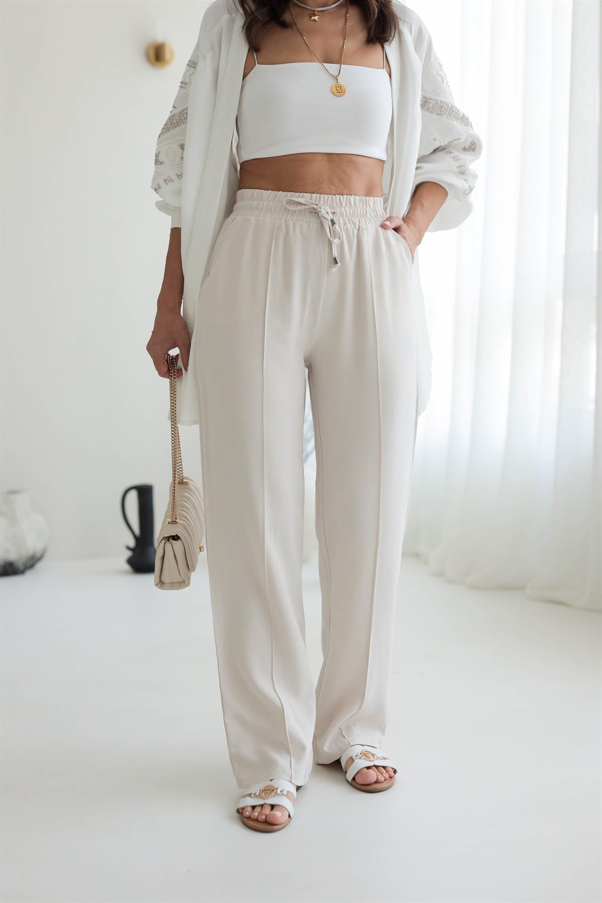 Tencel Kumaş Bel Lastikli Önü Çimalı Pantolon