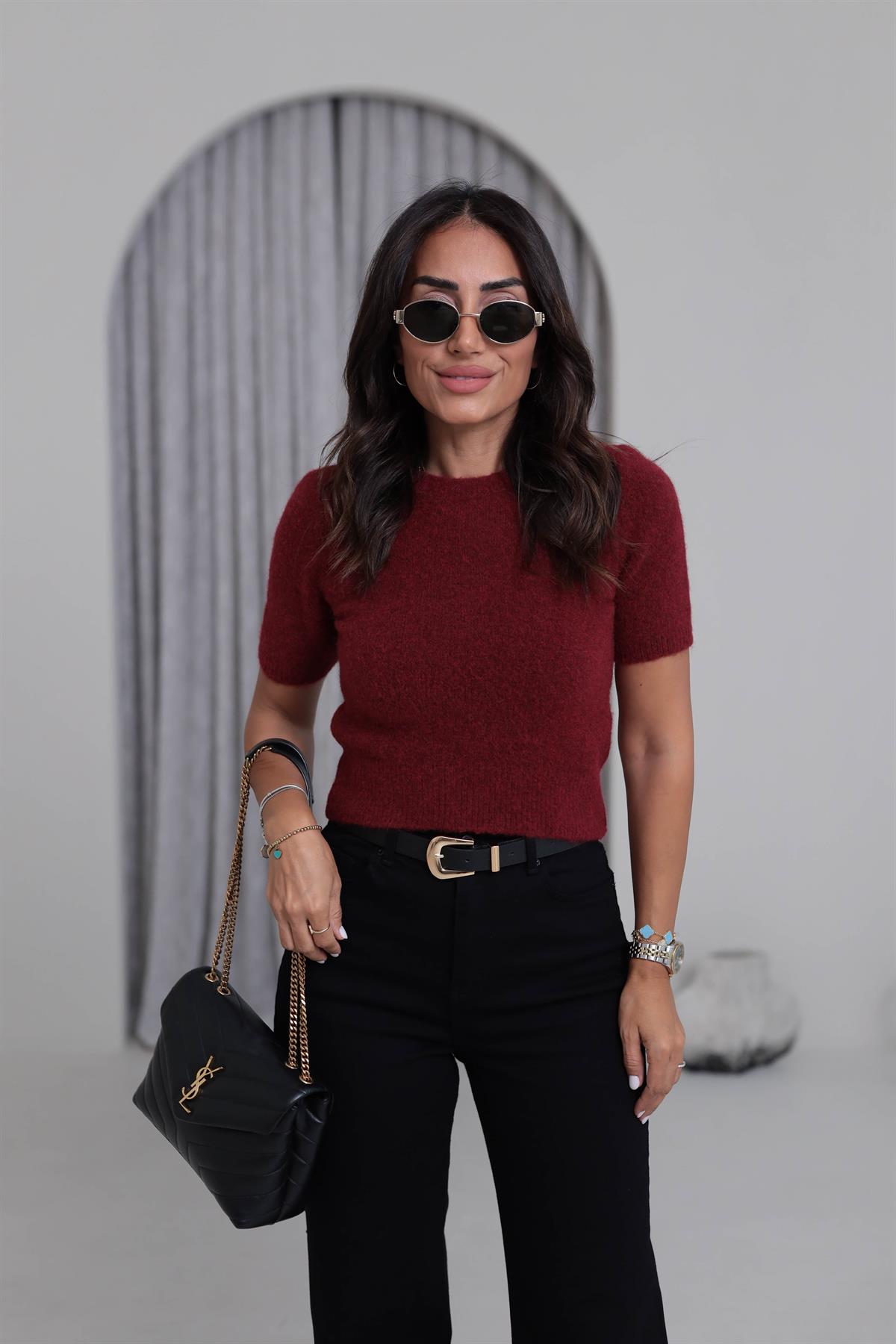 0651 Bisiklet Yaka Yumuşak Dokulu Kısa Kol Triko Kazak BORDO