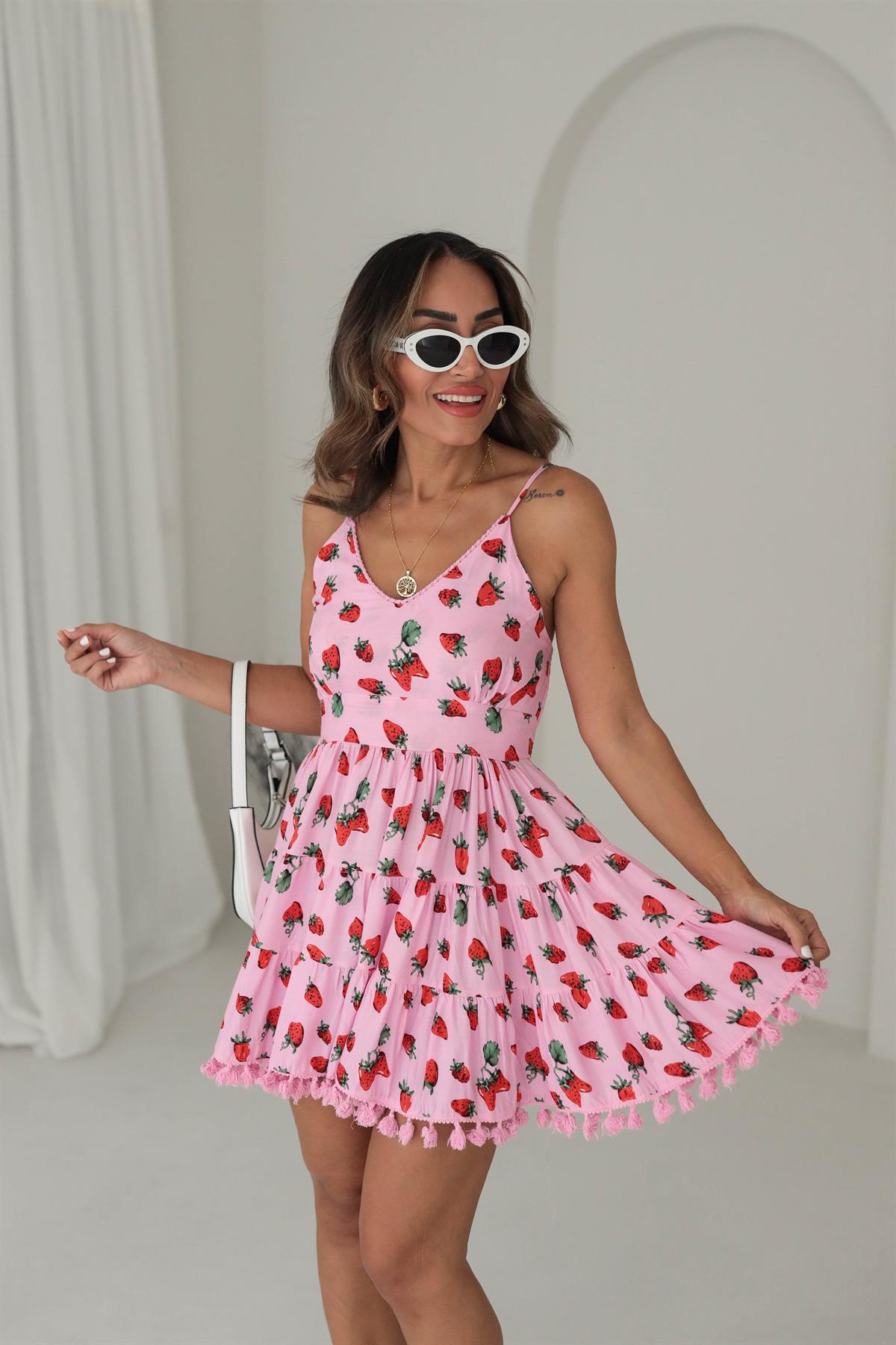 9829 Çilek Desenli Sırtı Gipeli Kuşaklı Elbise