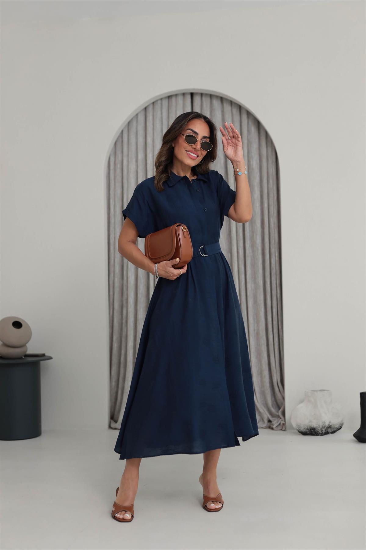 5214 Kendinden Desenli Kuşaklı Uzun Gömlek Elbise LACİVERT