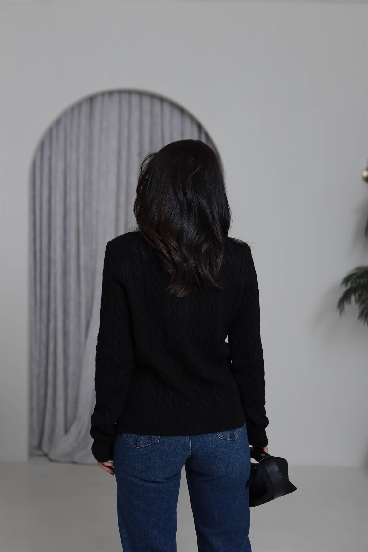 0145 Saç Örgü Polo Yaka Rahat Kazak SİYAH