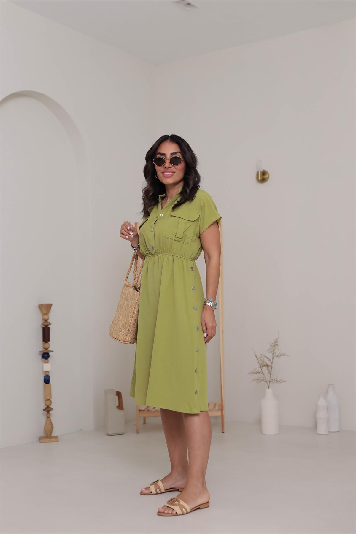 5921 Yan Çıtçıt Detay Elbise YEŞİL