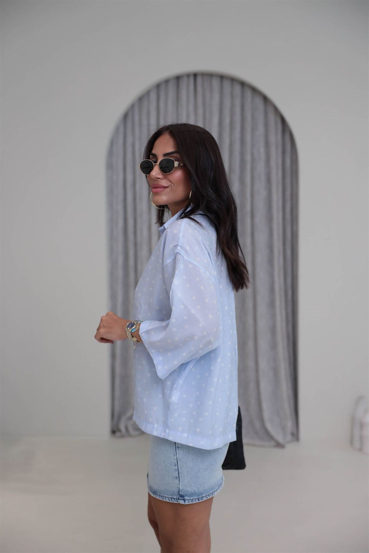 7635 Puantiyeli Oversize Modal Gömlek BEBE MAVİ