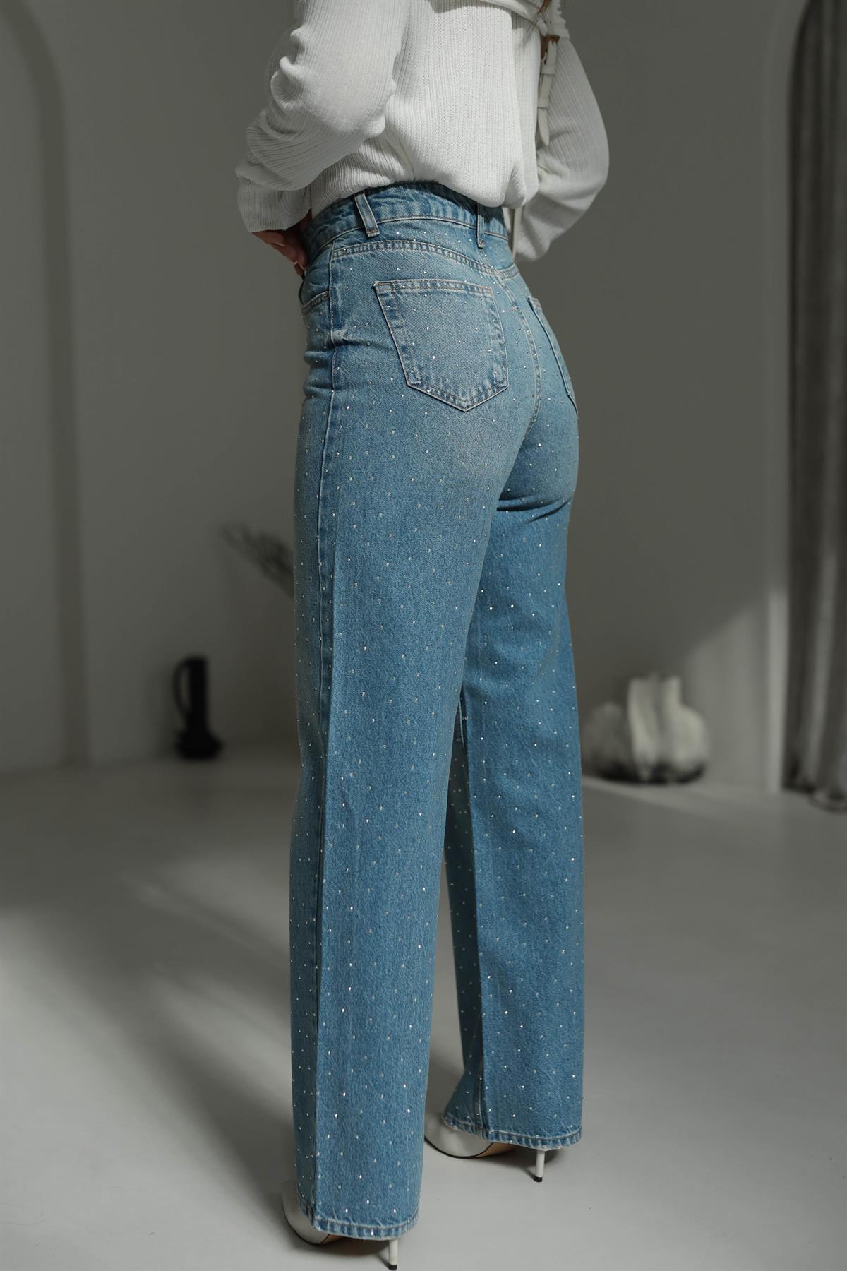 T1071 Yüksek Bel Taşlı Palazzo Jean MAVİ