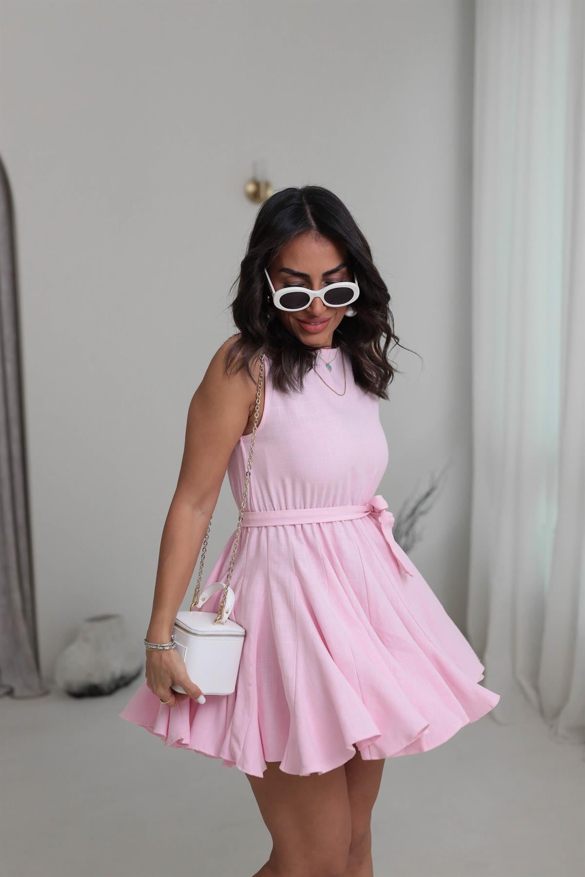 5163 Etek Ucu Volanlı Bel Lastikli Keten Elbise PEMBE