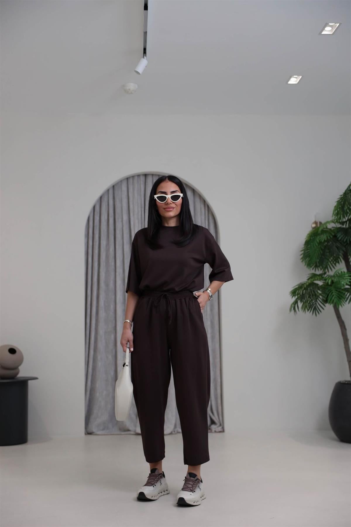 2485 Yanları Yırtmaçlı Kısa Kol Modal Takım ACI KAHVE