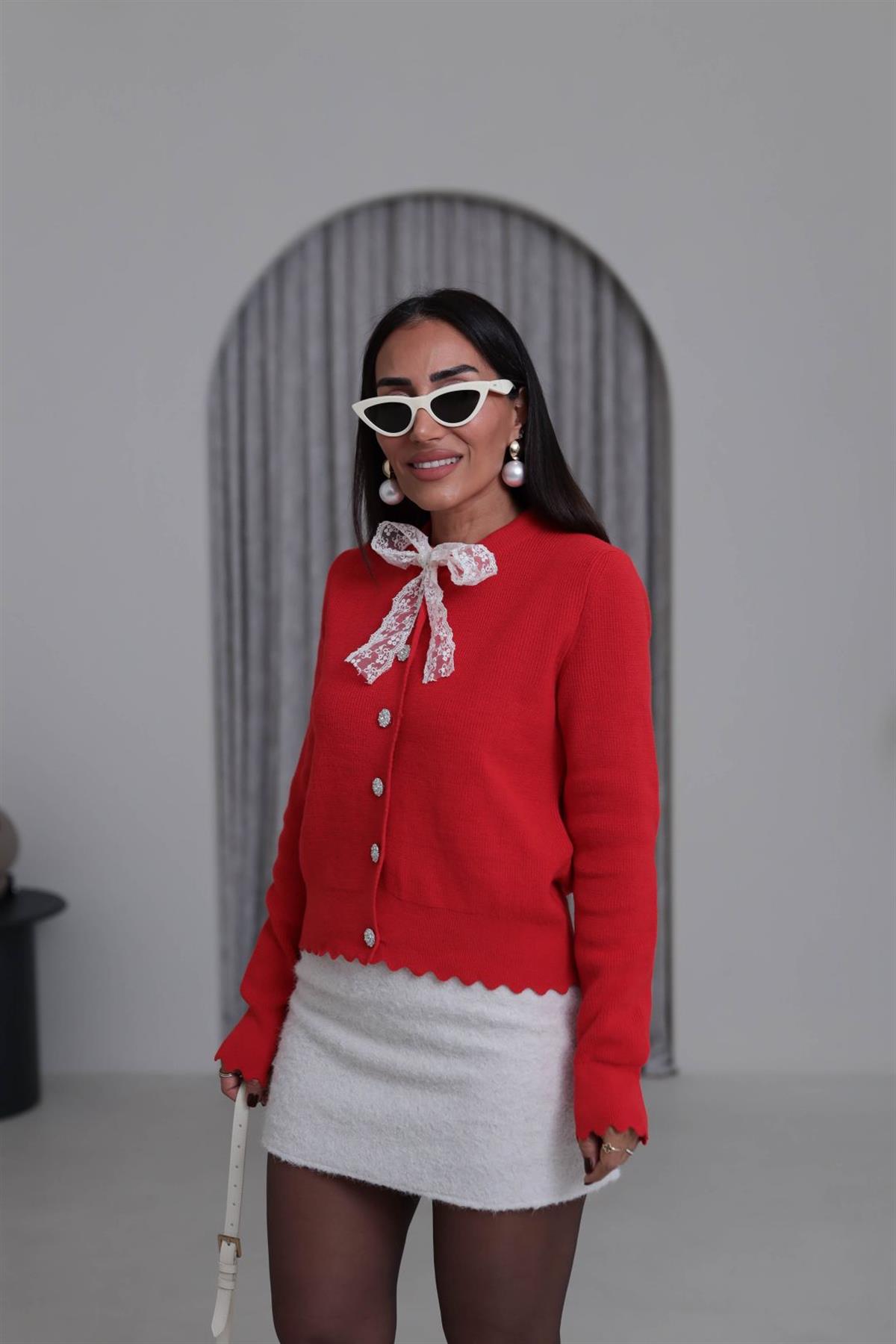 1088 Dantel Fularlı Triko Hırka NAR ÇİÇEĞİ