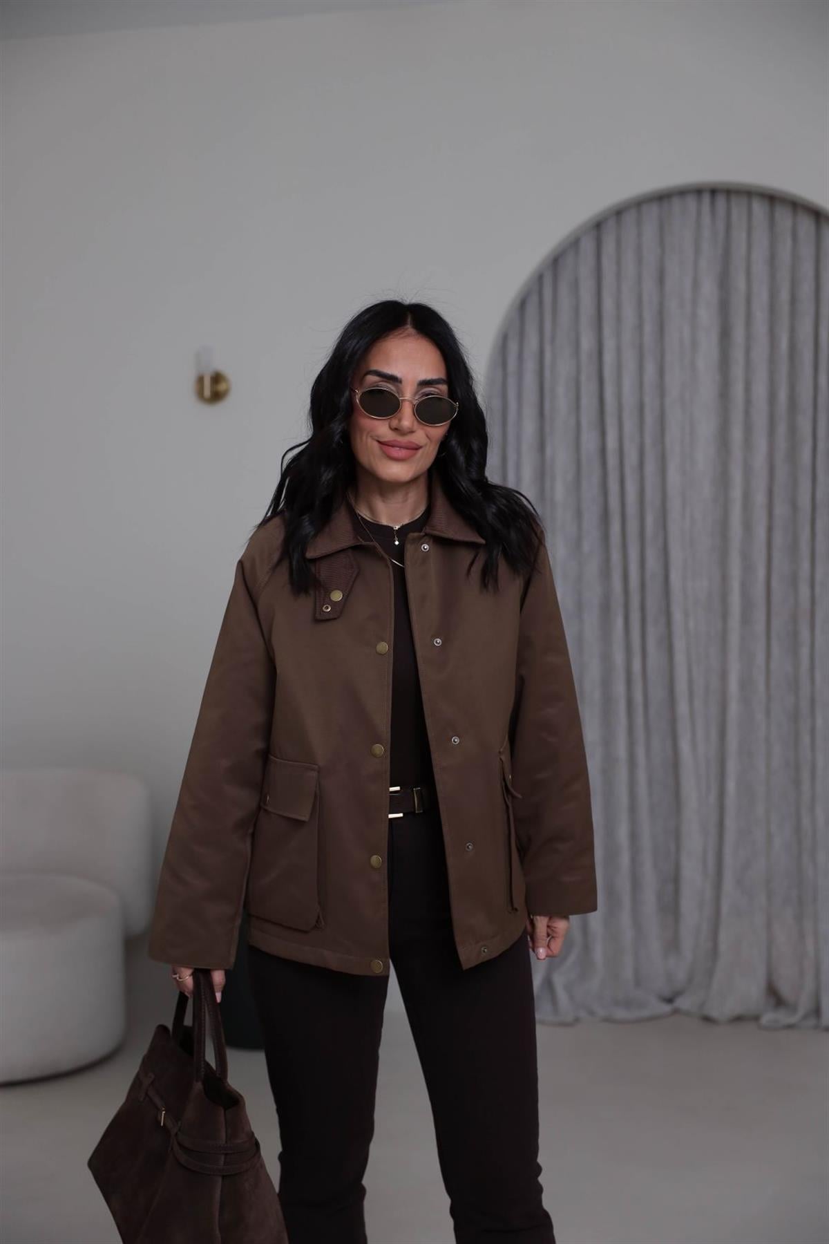 0213 Kadife Yakalı Trençkot KAHVE