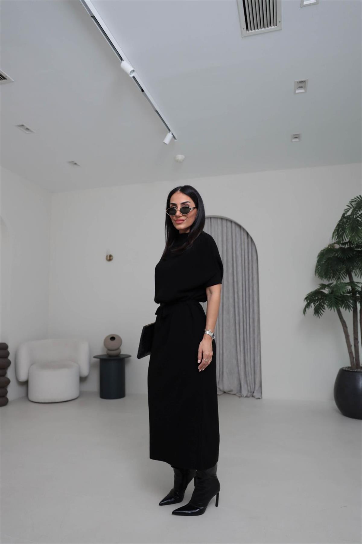 5265 Dik Yaka Kuşaklı Triko Elbise SİYAH