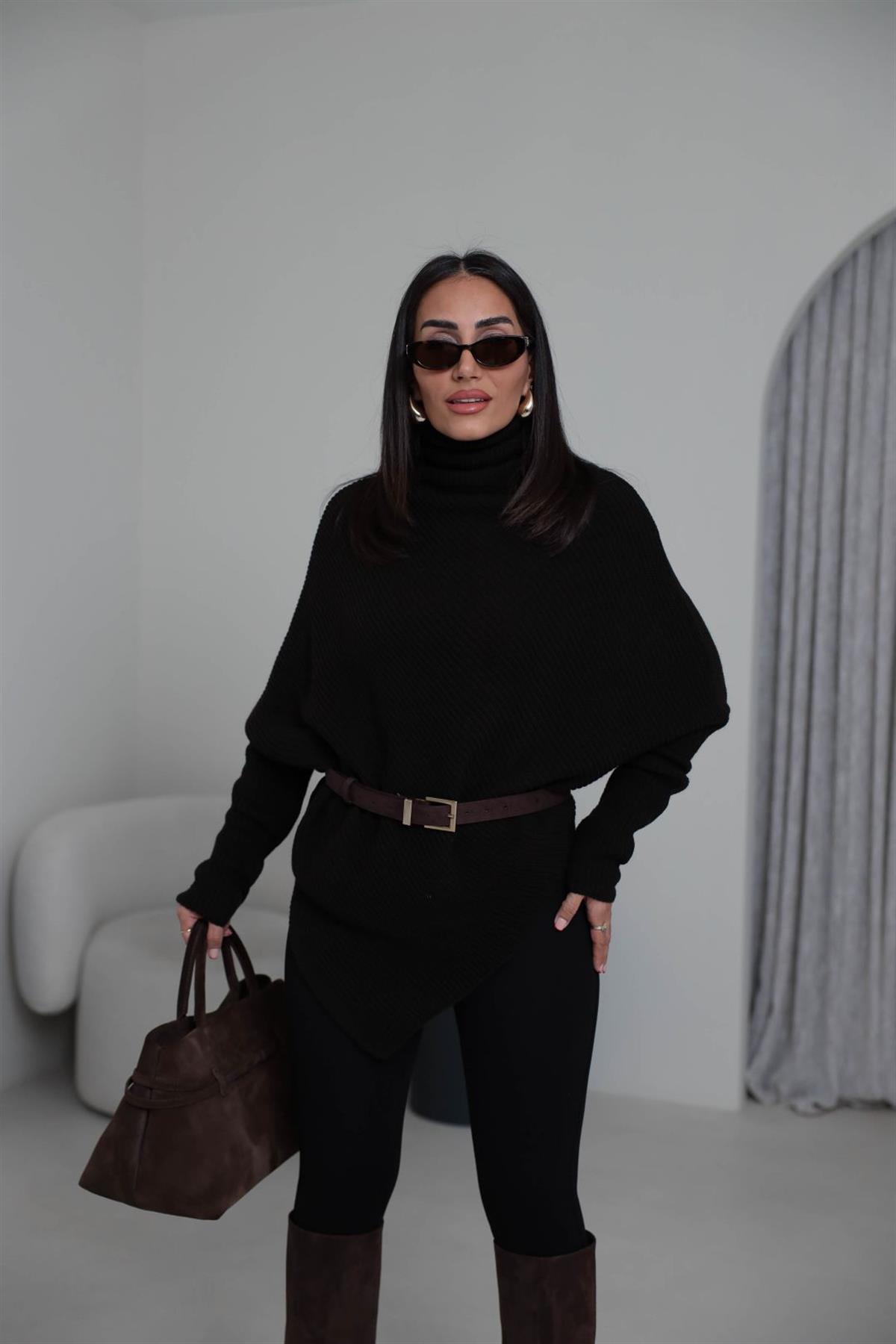 2574 Balıkçı Yaka Asimetrik Triko Kazak ACI KAHVE