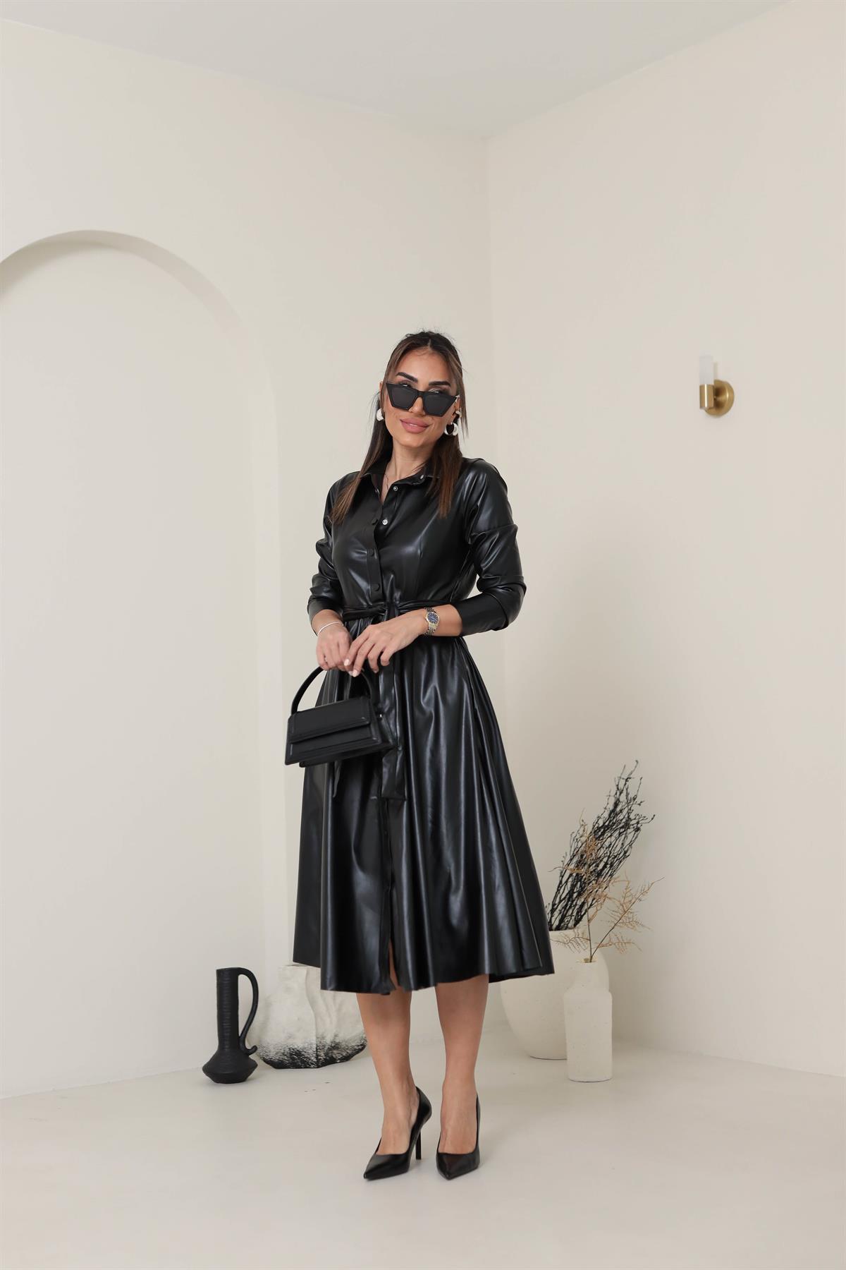 1276 Çıtçıt Düğmeli Deri Elbise SİYAH
