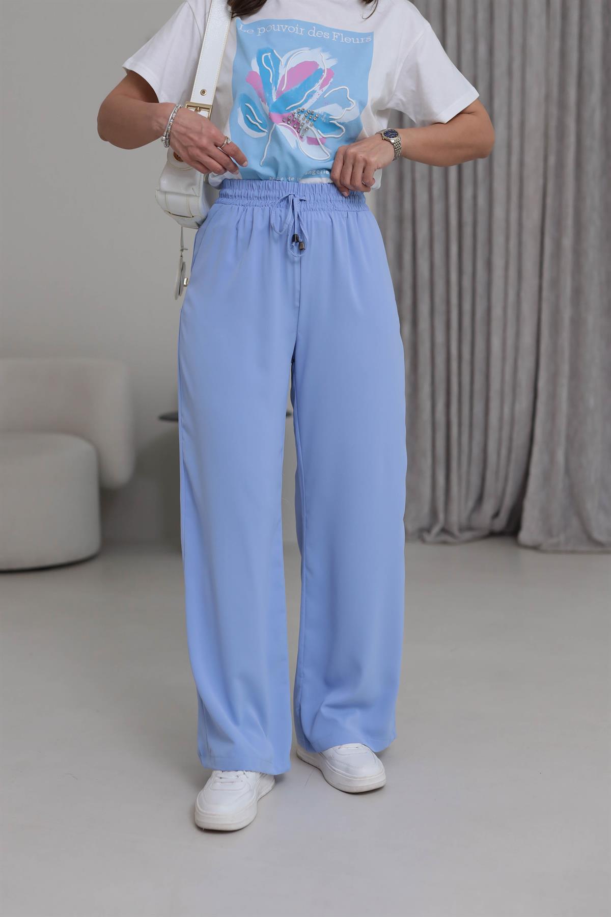 0858 Bel Lastikli Döküm Palazzo Pantolon BEBE MAVİ