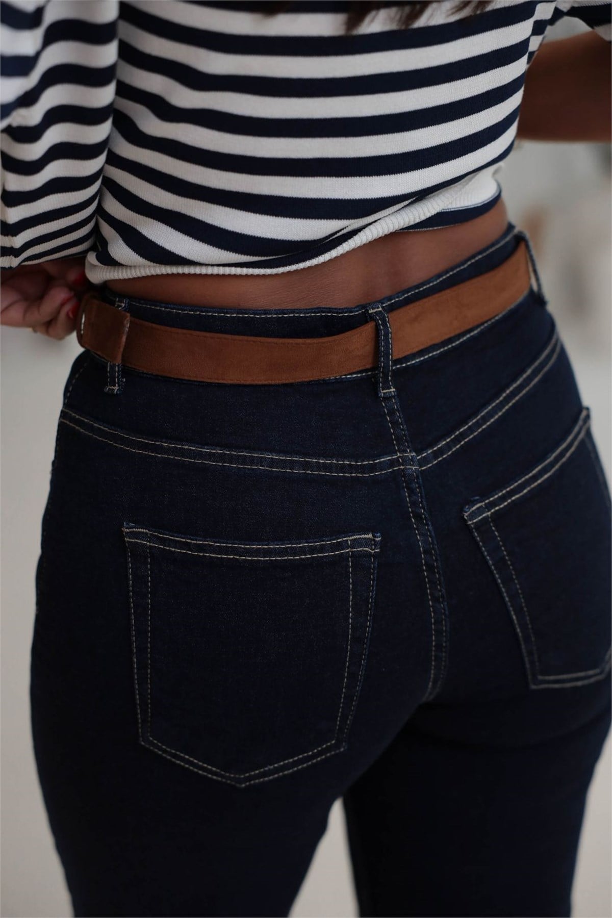 6171 Süet Kemerli Yıkamalı Straight Pantolon LACİVERT