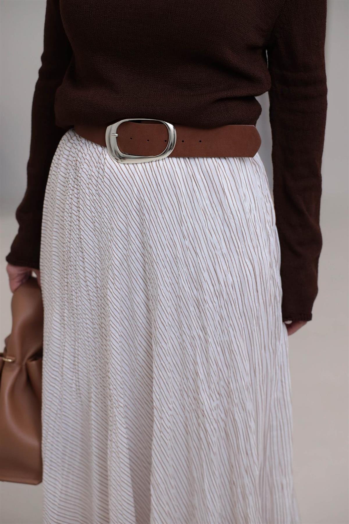 3379 Kemerli Çizgili Kraşlı Etek KREM