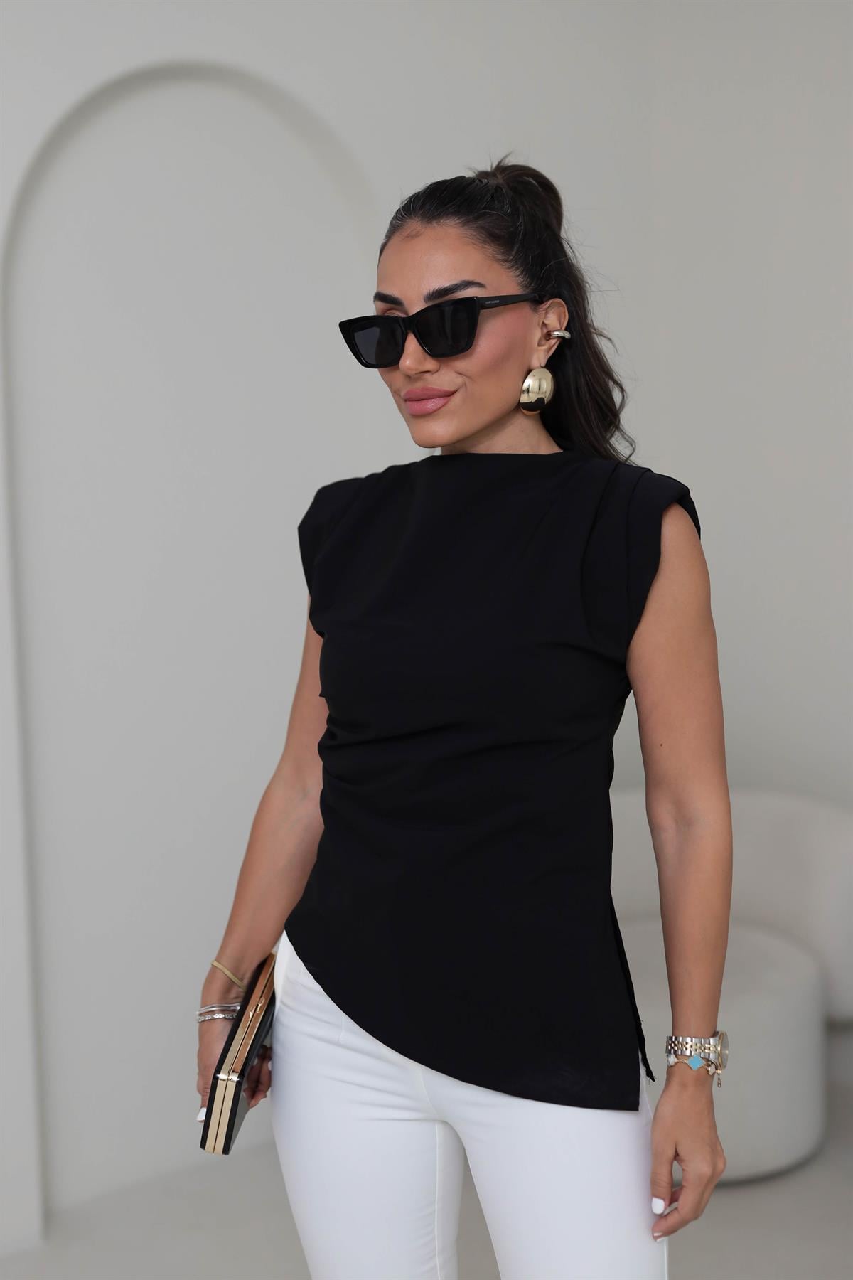 9730 Drapeli Asimetrik Vatkalı Bluz SİYAH