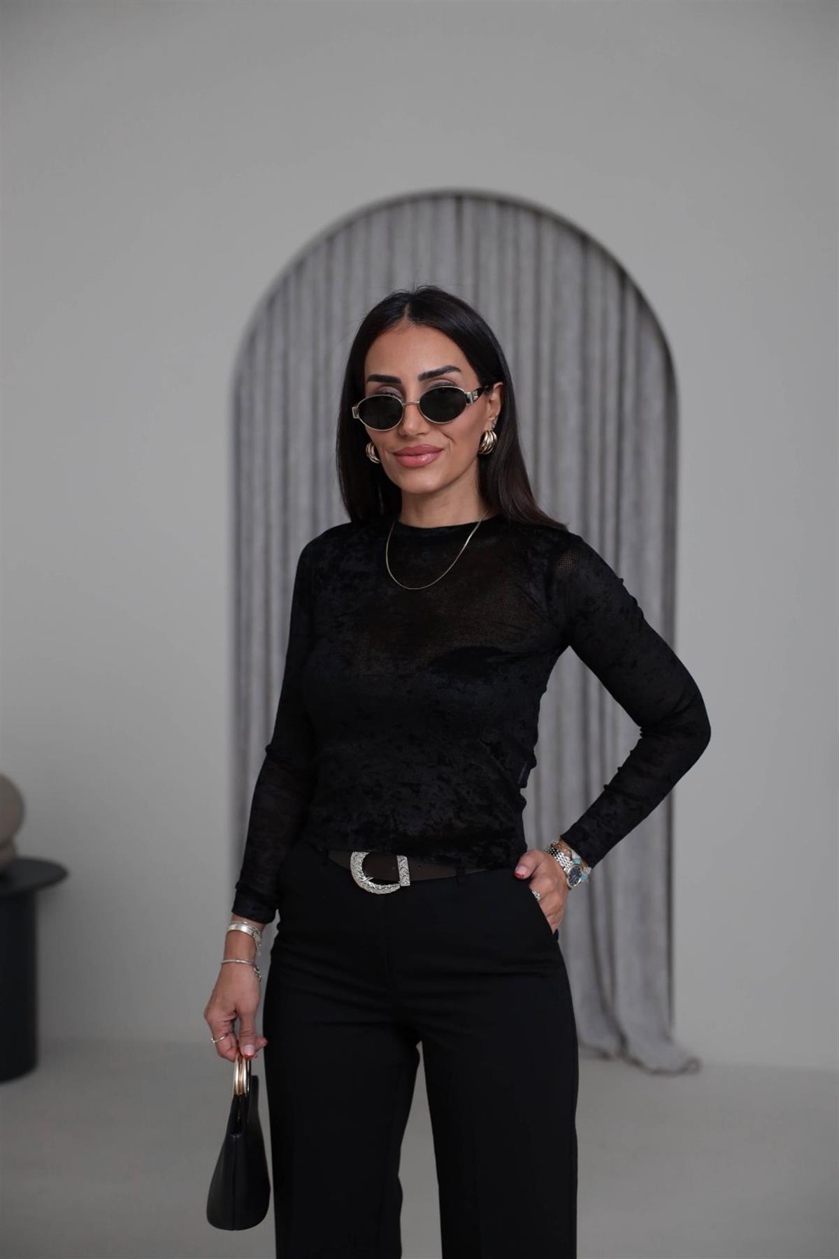 7120 Bisiklet Yaka Tül Kadife Bluz SİYAH