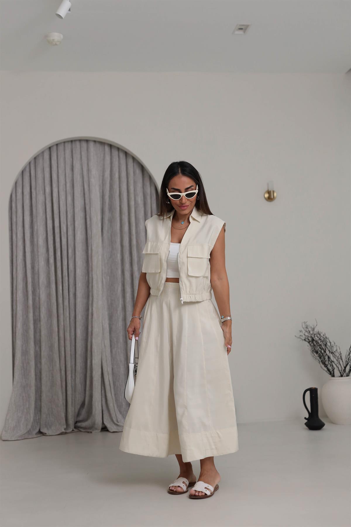 6147 Fermuar Detaylı Cepli Etek Yelek Takım KREM