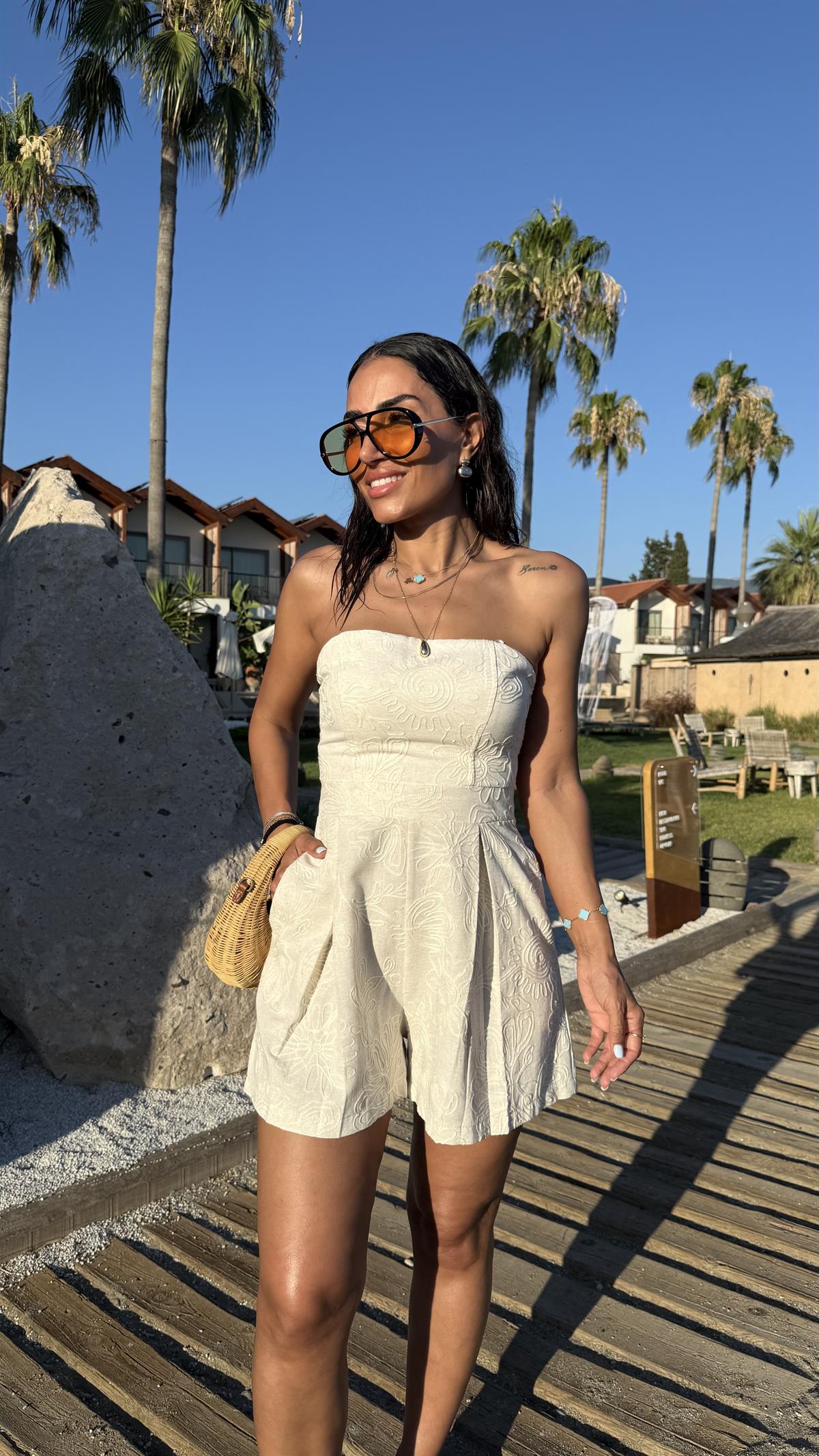 0655 Straplez İp Nakışlı Şortlu Keten Tulum NATURAL