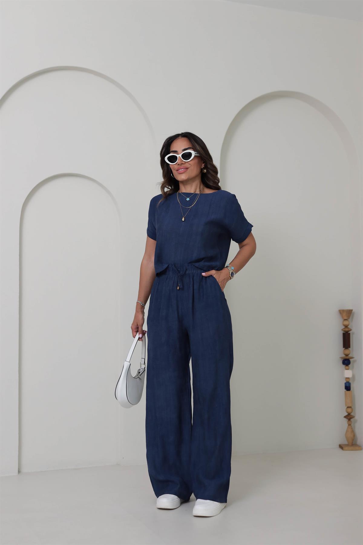 0450 Düşük Omuz Bluz Ve Geniş Paça Pantolon Takım LACİVERT