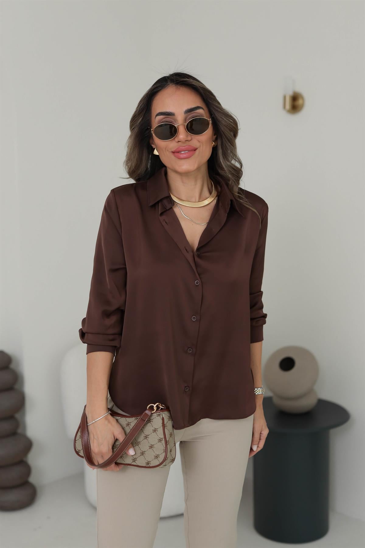 4156 Düz Saten Gömlek ACI KAHVE