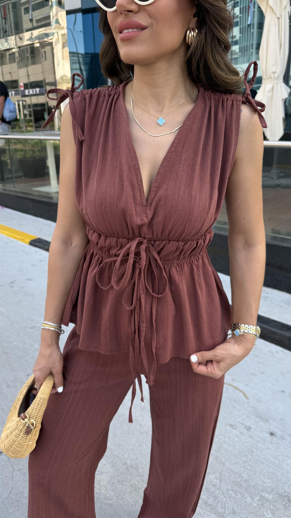 DXB Büzgü Detaylı Bel Lastikli Keten Takım KİREMİT