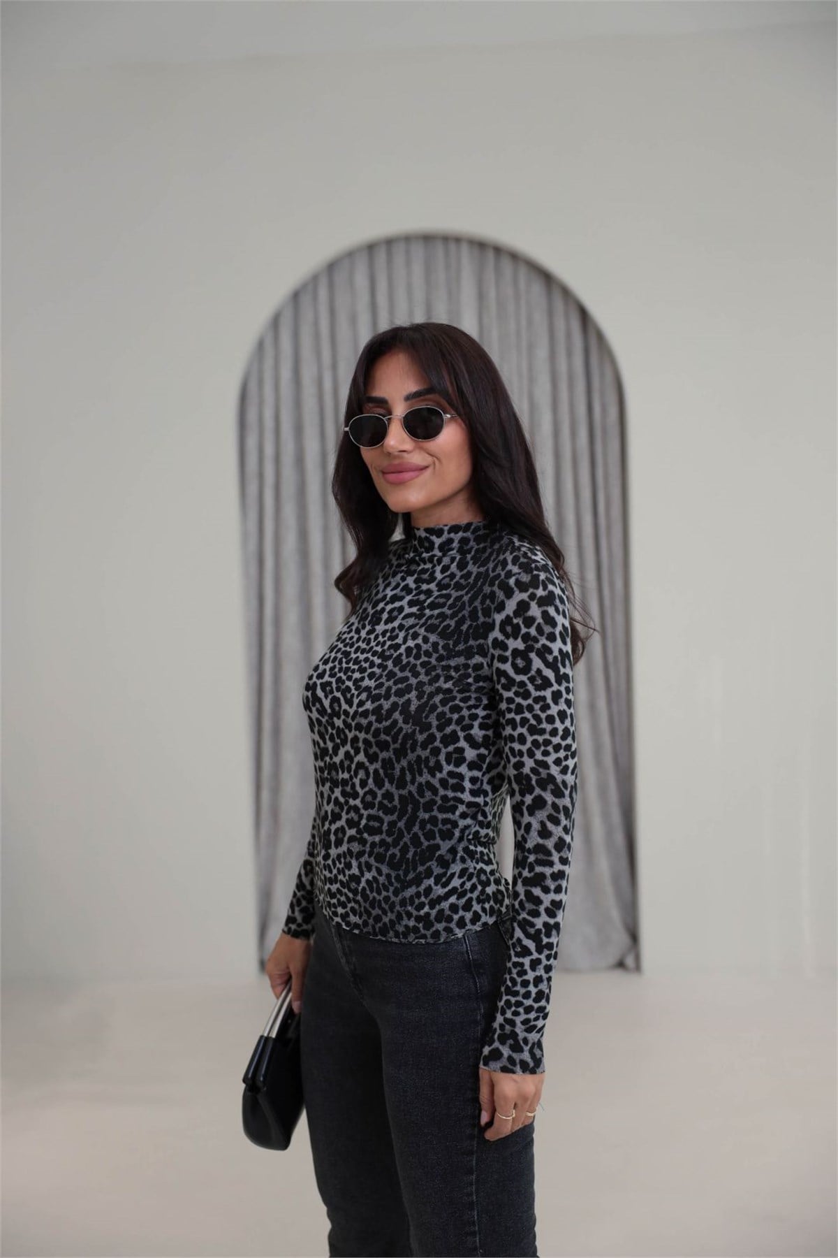 9141 Leopar Desen Bluz ANTRASİT