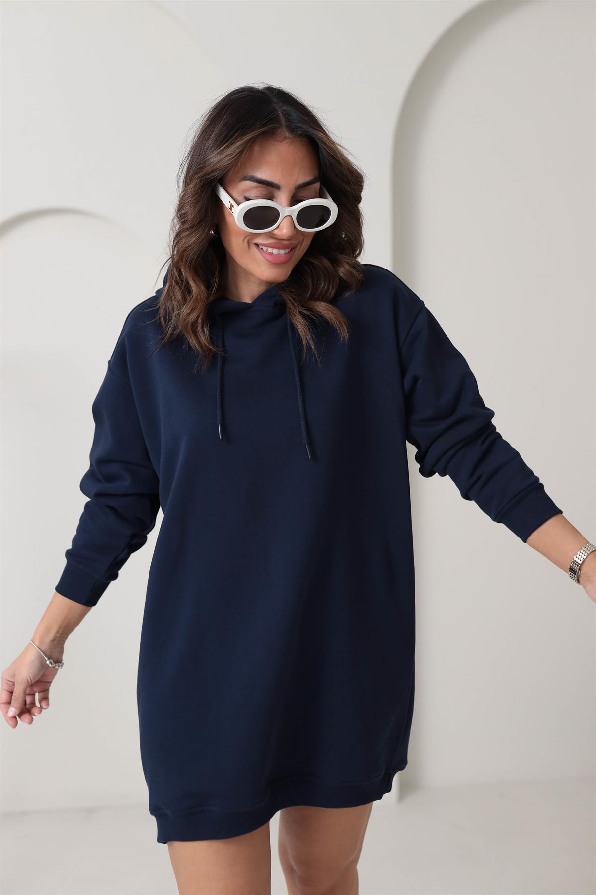 1231 Kapşonlu Sweat Elbise LACİVERT
