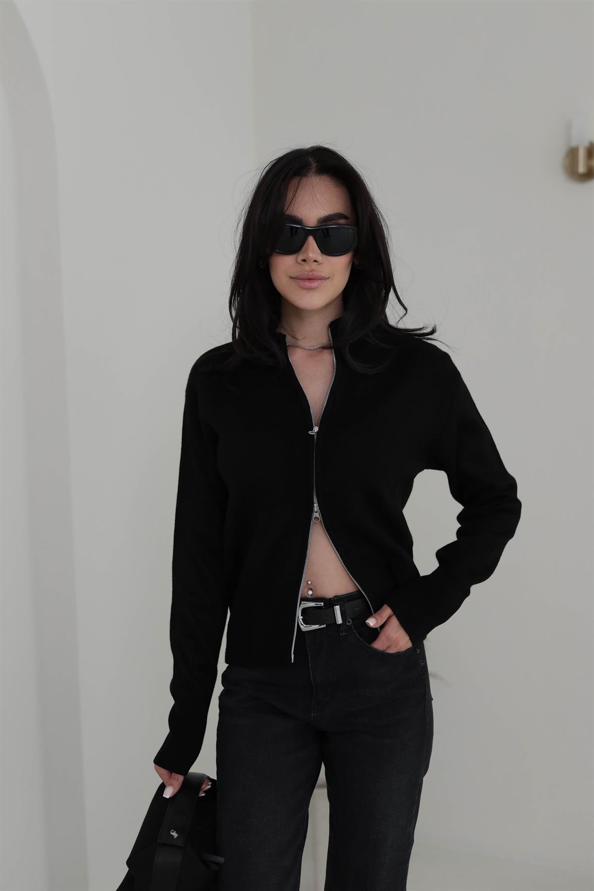 1042 Dik Yaka Çift Fermuarlı Triko Hırka SİYAH