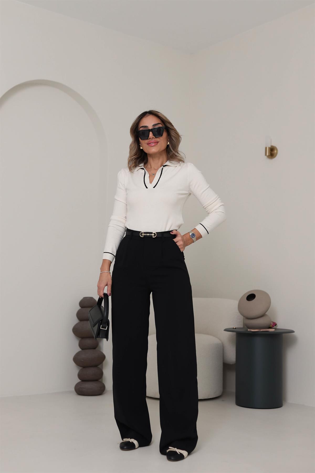 4580 Polo Yaka Renk Biyeli İpek Triko EKRU