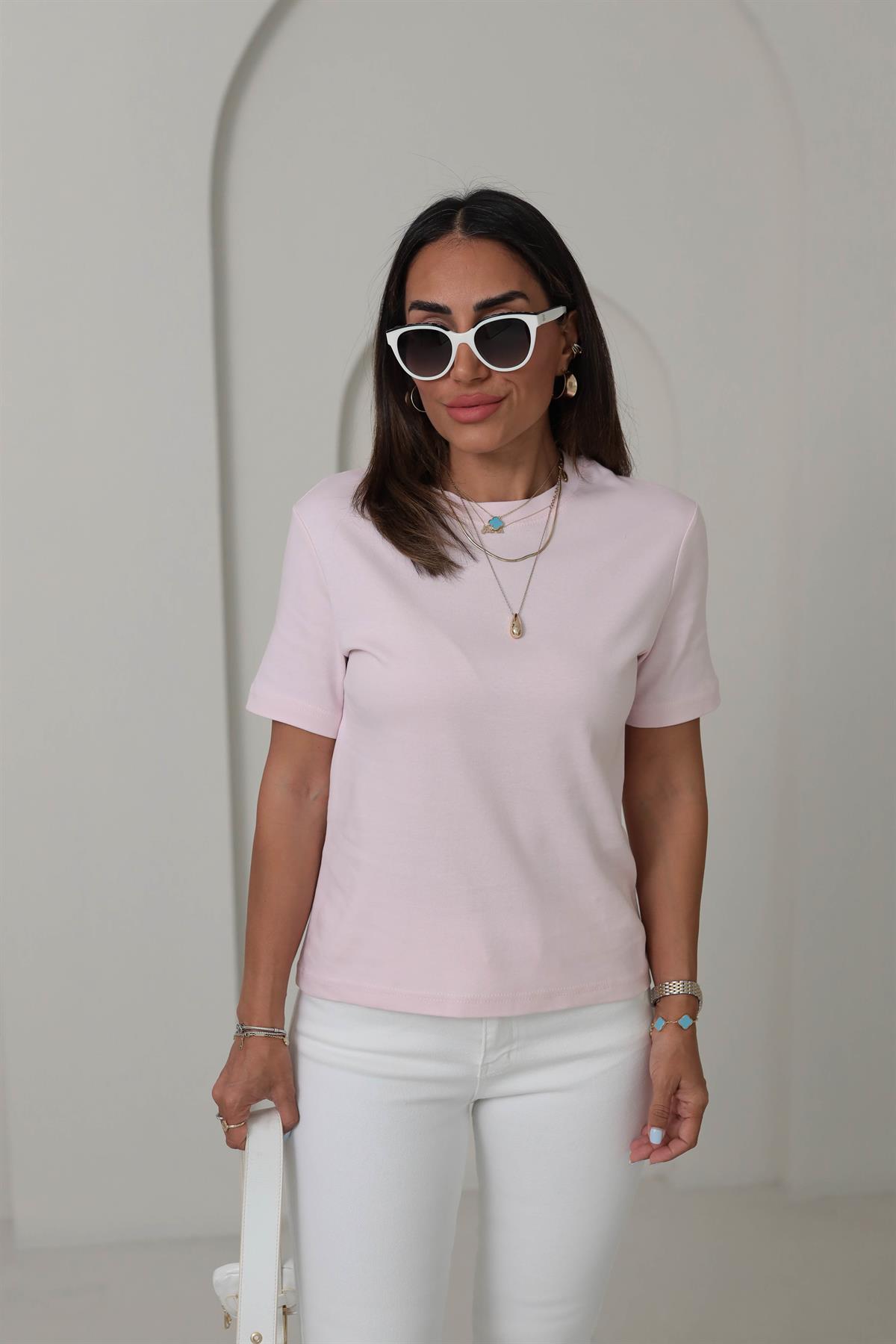 1075 Bisiklet Yaka Pamuklu Basic Tshirt PUDRA