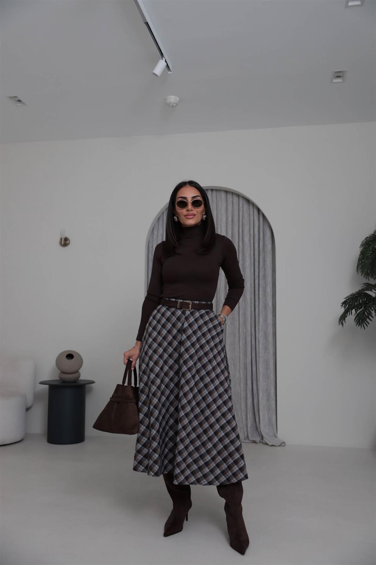 4086 Midi Boy Ekose Etek BEJ-KAHVE