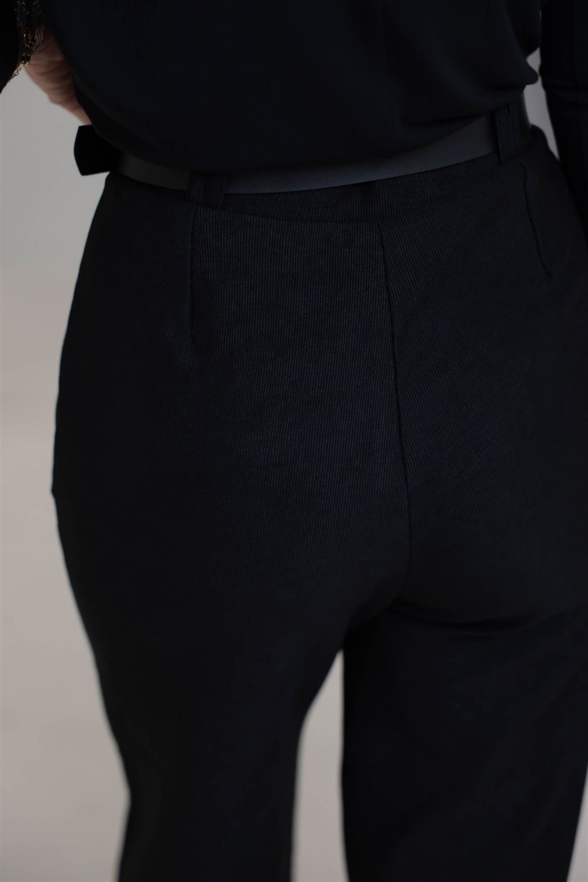 3290 Kemerli Fitilli Kumaş Palazzo Pantolon SİYAH