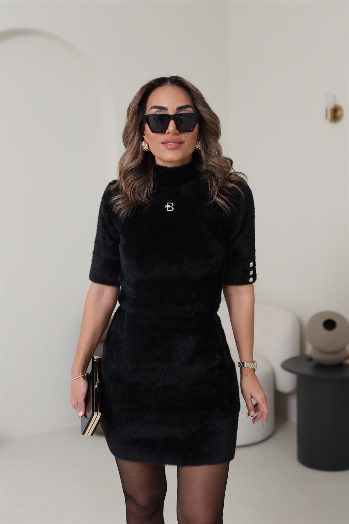 0221 Angora Taşlı Kısa Kollu Elbise SİYAH