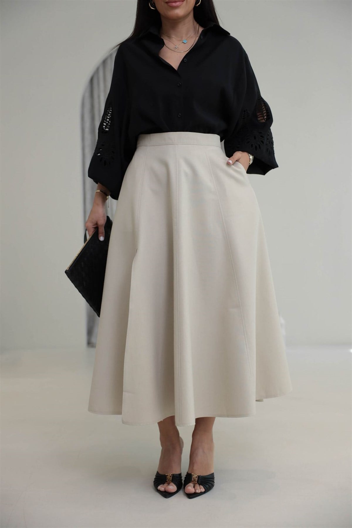 5175 Dokulu Yüksek Bel Yırtmaçlı Etek BEJ