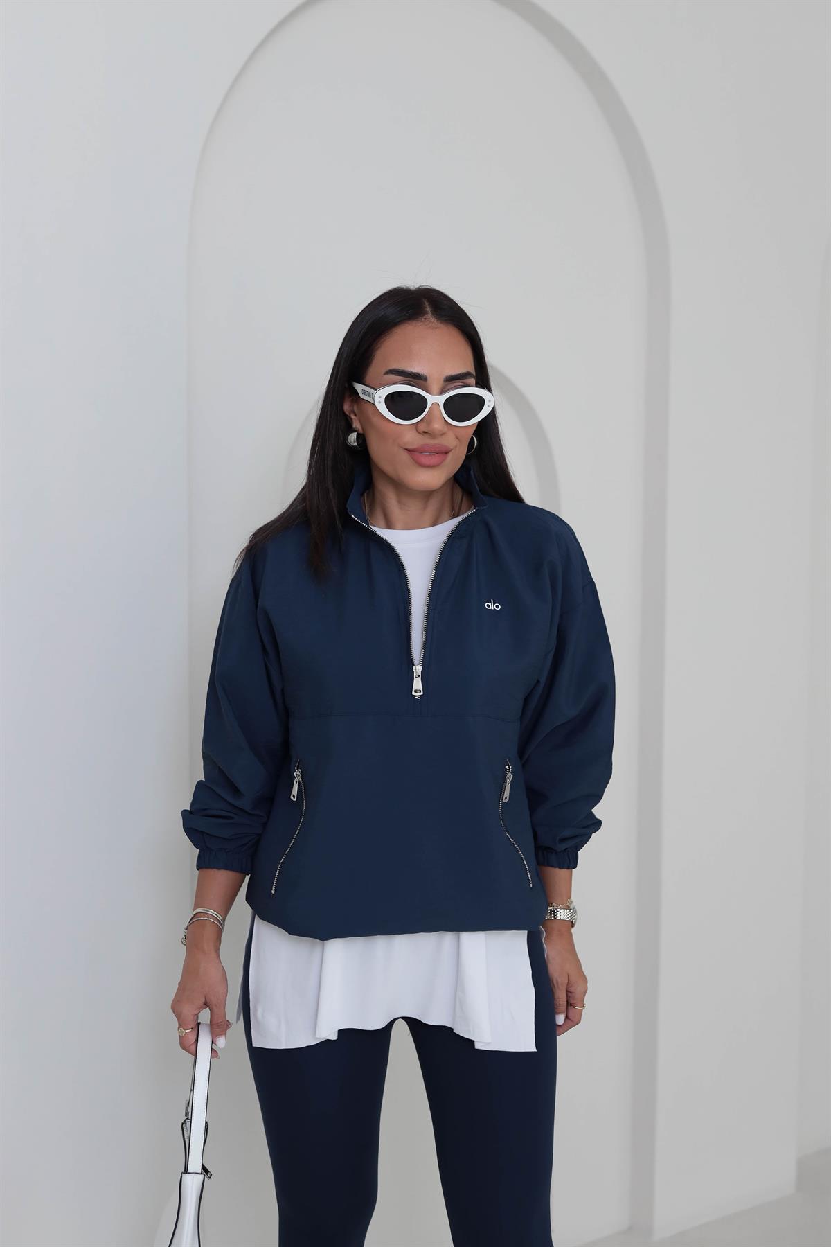 2120 Yazı Baskılı Rahat Paraşüt Sweatshirt LACİVERT